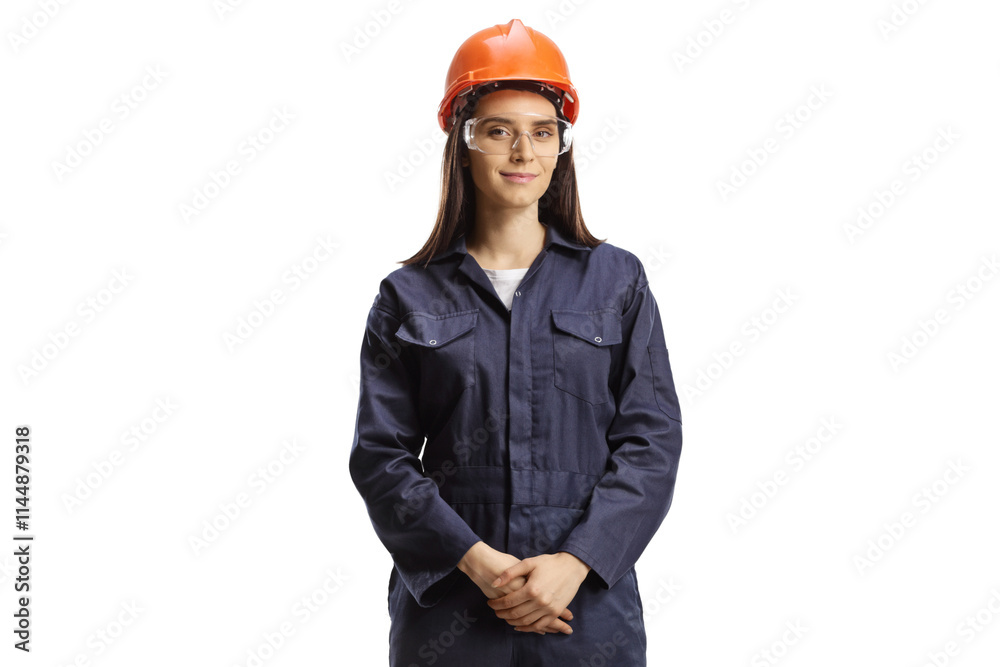 Young female technician in a uniform with a helmet and goggles