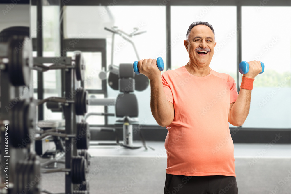 Happy mature man exercising with dumbbells and smiling Happy mature man exercising with dumbbells and smiling