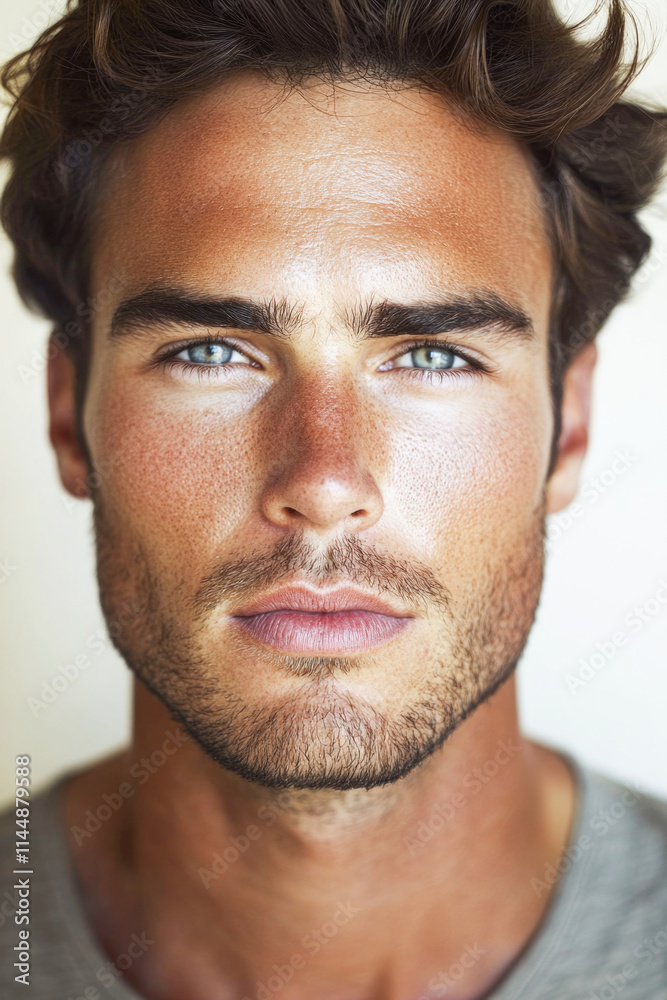 Young caucasian male with intense stare and curly hair against neutral background Young caucasian male with intense stare and curly hair against neutral background