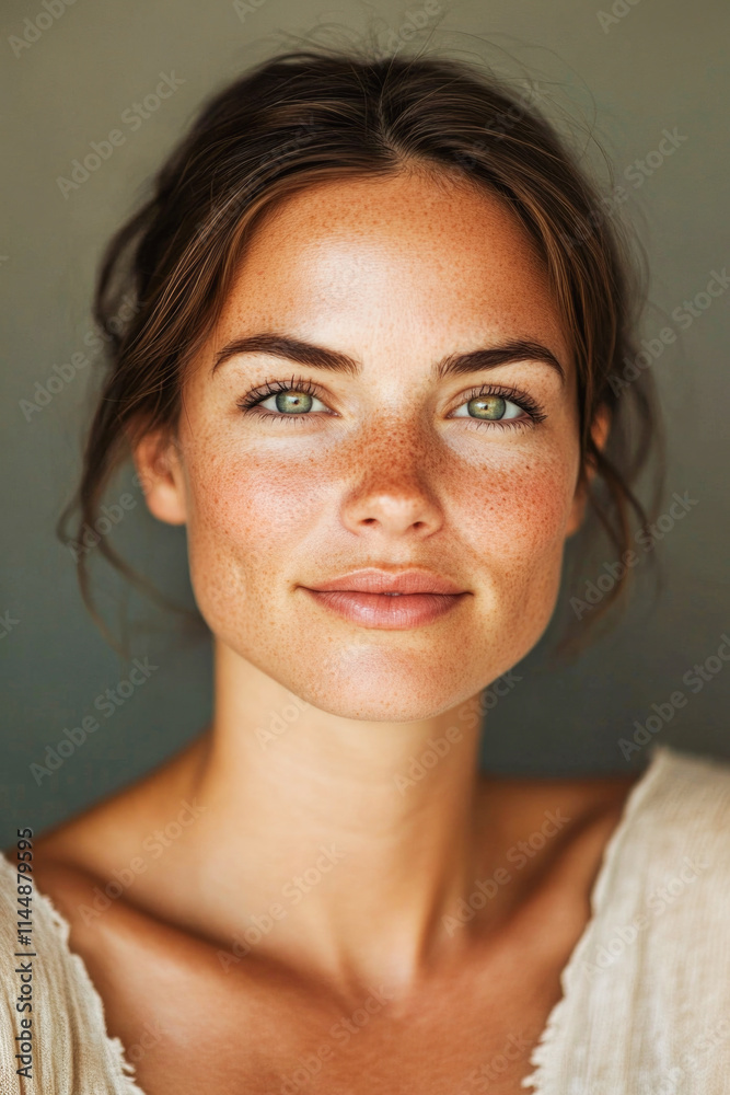 Confident young caucasian female with freckles and green eyes smiling Confident young caucasian female with freckles and green eyes smiling