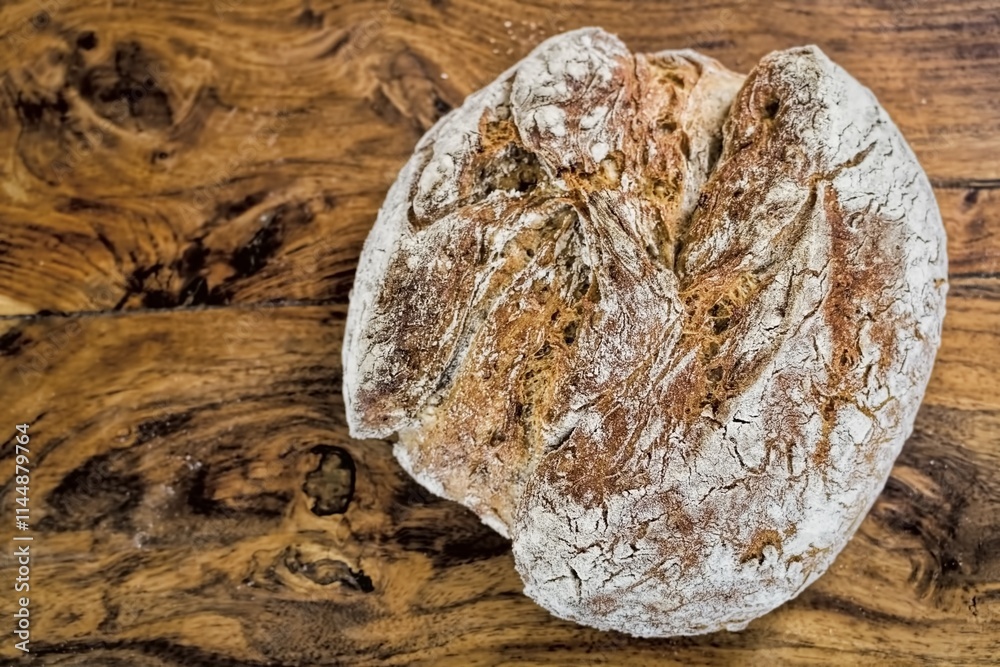 rundes weizenmischbrot auf einem holztisch mit textfreiraum