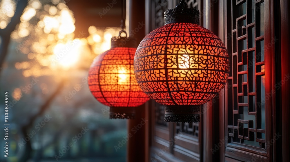 Obraz premium Two ornate Chinese lanterns hang from a wooden building at sunset.