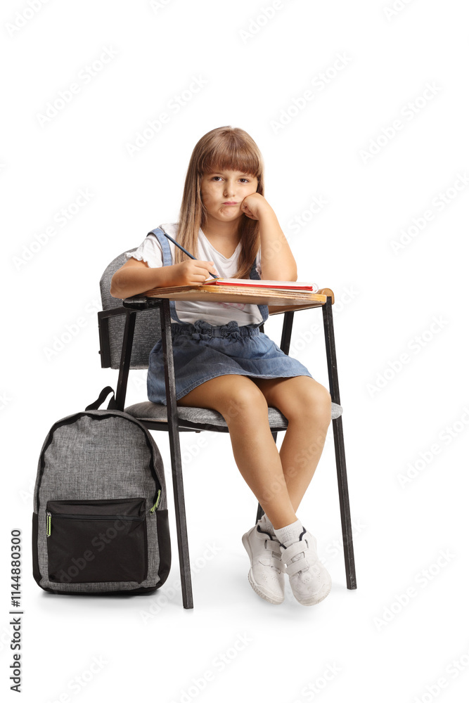Grumpy little girl sitting in a school chair Grumpy little girl sitting in a school chair