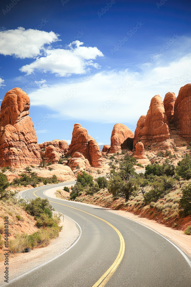 Scenic desert road through red rock formations under blue sky Scenic desert road through red rock formations under blue sky