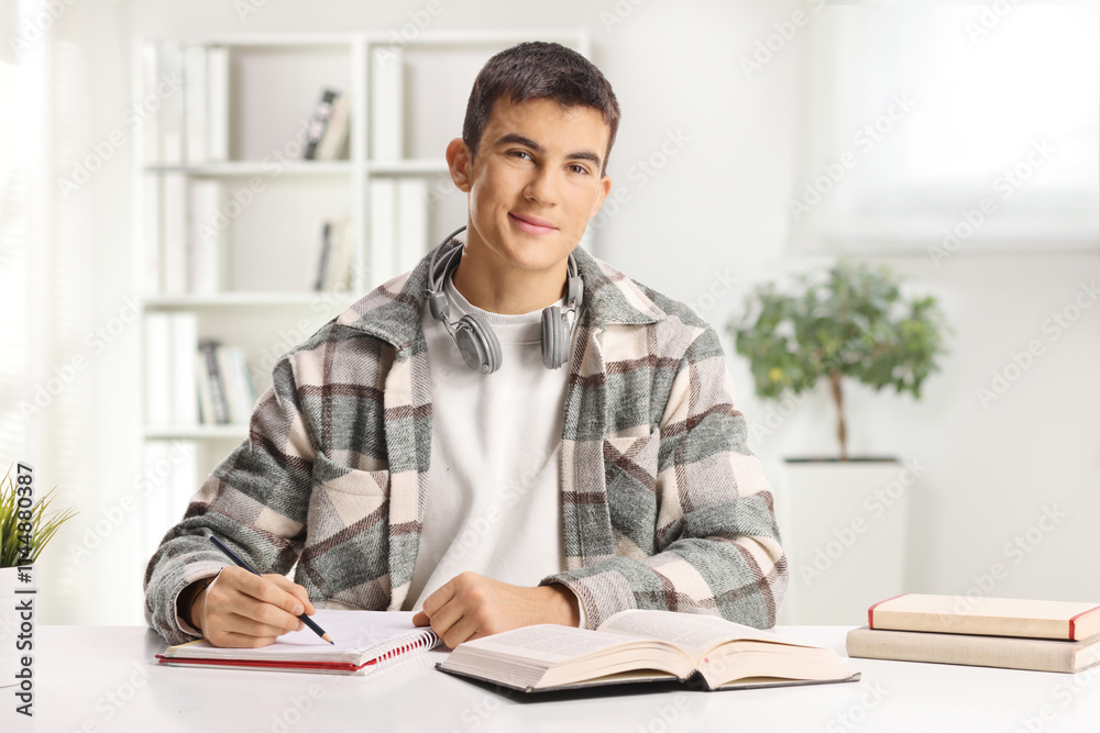 Young man with headphones sitting at a desk and writing Young man with headphones sitting at a desk and writing
