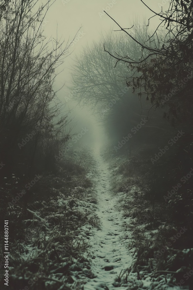 Fototapeta Foggy path, winter trees, snowy ground, desolate scene.