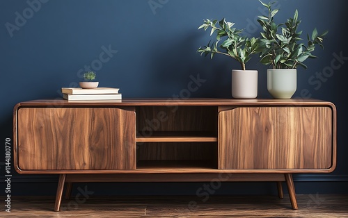 Wallpaper Mural Modern interior design mockup of a sideboard cabinet with a wooden shelf and a plant in front of a dark blue wall background Torontodigital.ca