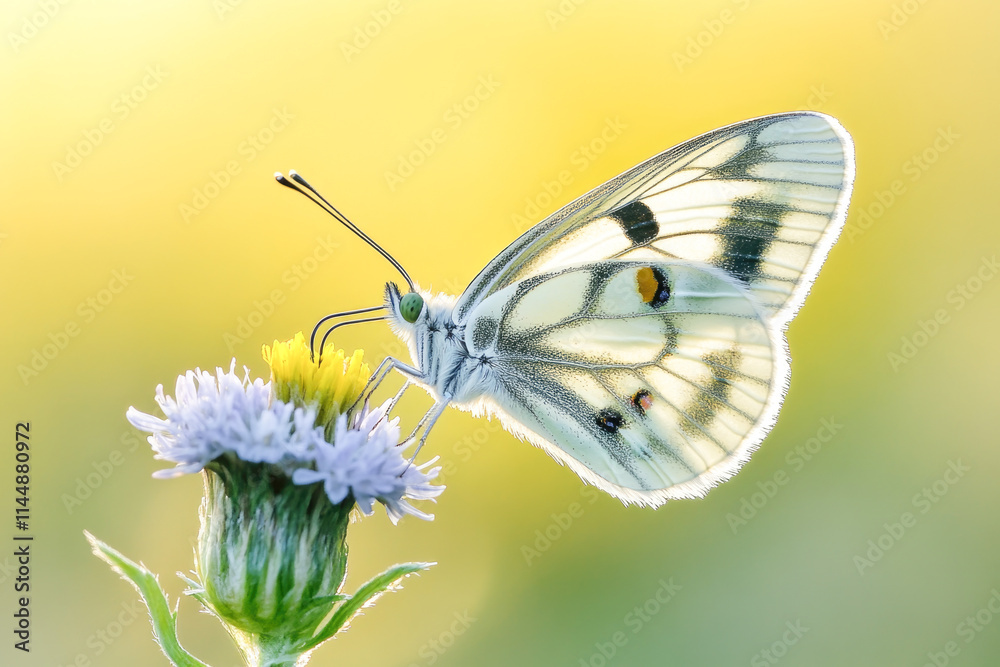 Delicate white butterfly on blooming wildflower against soft yellow background Delicate white butterfly on blooming wildflower against soft yellow background