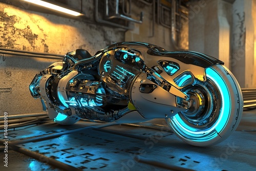 futuristic hover motorcycle in 3d sci-fi setting with glowing elements and anti-gravity design photo