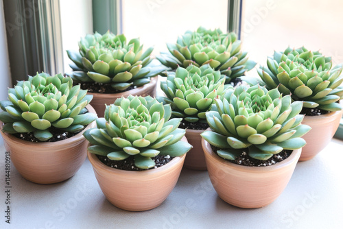 Verdant succulent plants in earthy pots brighten a sunny window ledge photo