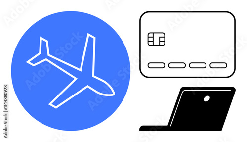 Airplane in blue circle, credit card with chip, and black laptop. Ideal for travel, online booking, e-commerce, credit card transactions, digital payments remote work and financial security. Line