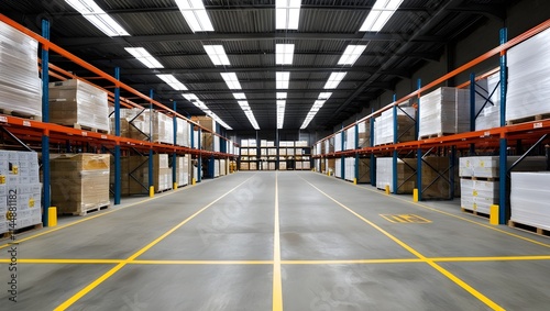 A large industrial warehouse with rows of inventories and raw material 