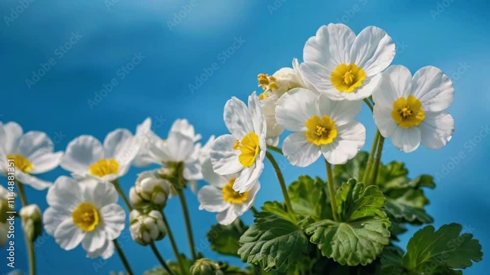 Spring forest white flowers primroses on a beautiful blue background macro. Blurred gentle sky-blue background. Floral nature background, 4k High-Quality Wallpaper Background Animation Video