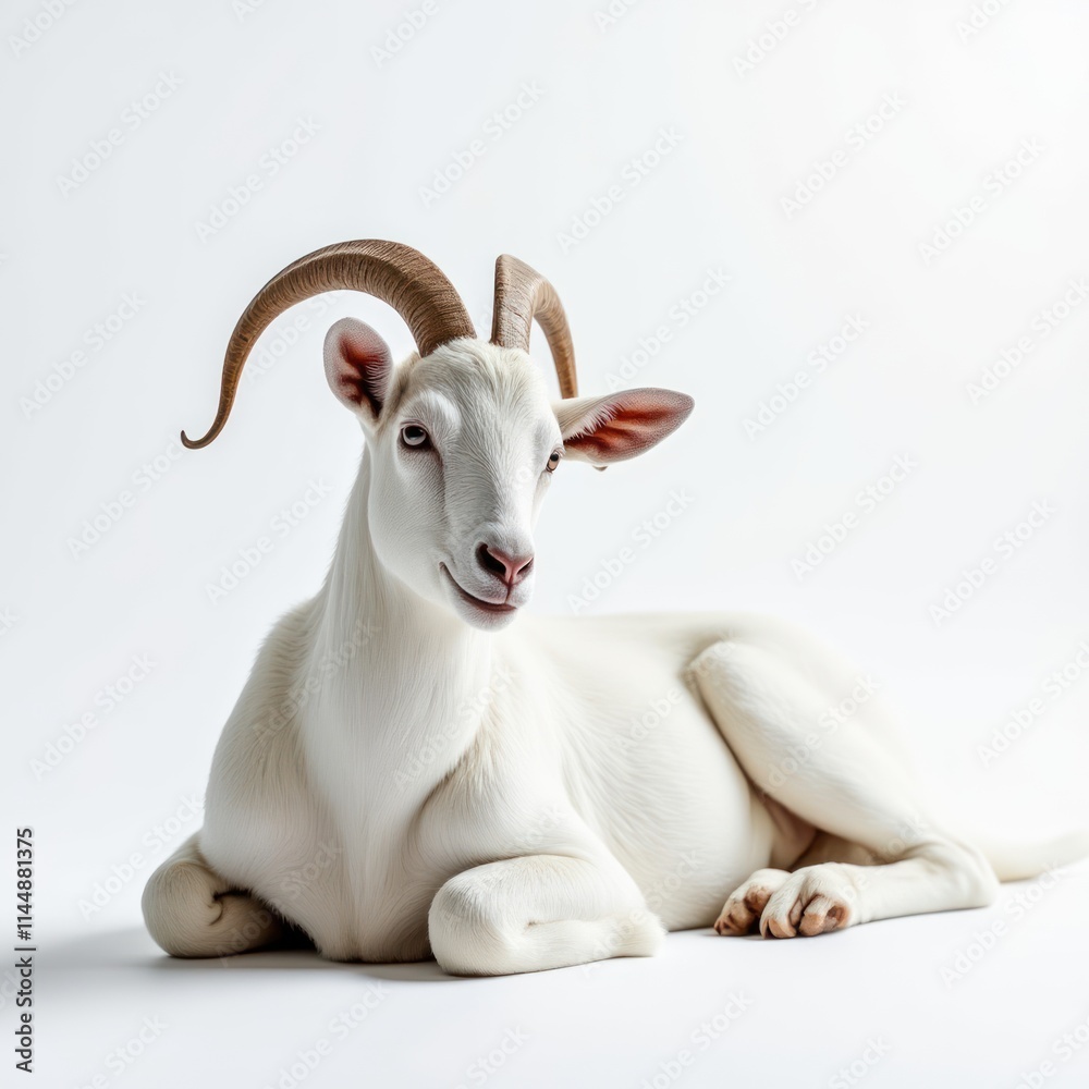Fototapeta premium Sleek White Goat Lying Relaxed With Delicate Horns in a Calm Setting