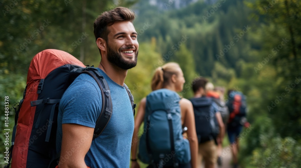 Smiling Young Man Hiking in Nature with Friends on a Scenic Trail Surrounded by Lush Green Forests Smiling Young Man Hiking in Nature with Friends on a Scenic Trail Surrounded by Lush Green Forests