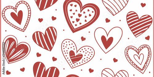 Various patterns of red hearts are scattered on the white background,creating a playful and romantic look.The hearts feature stripes, dots, and solid patterns that add visual interest and variety. AI 