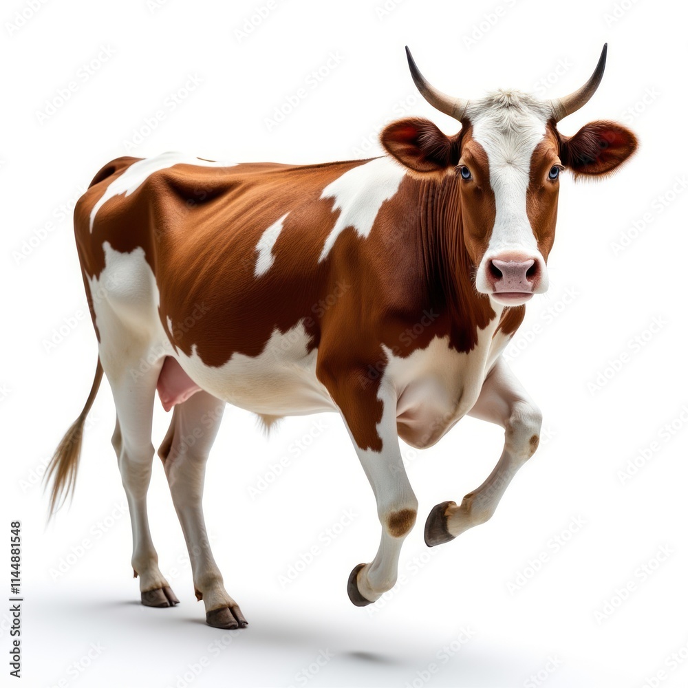 Holstein Cow With Rich Brown and White Patterns Grazing on a White Background Holstein Cow With Rich Brown and White Patterns Grazing on a White Background