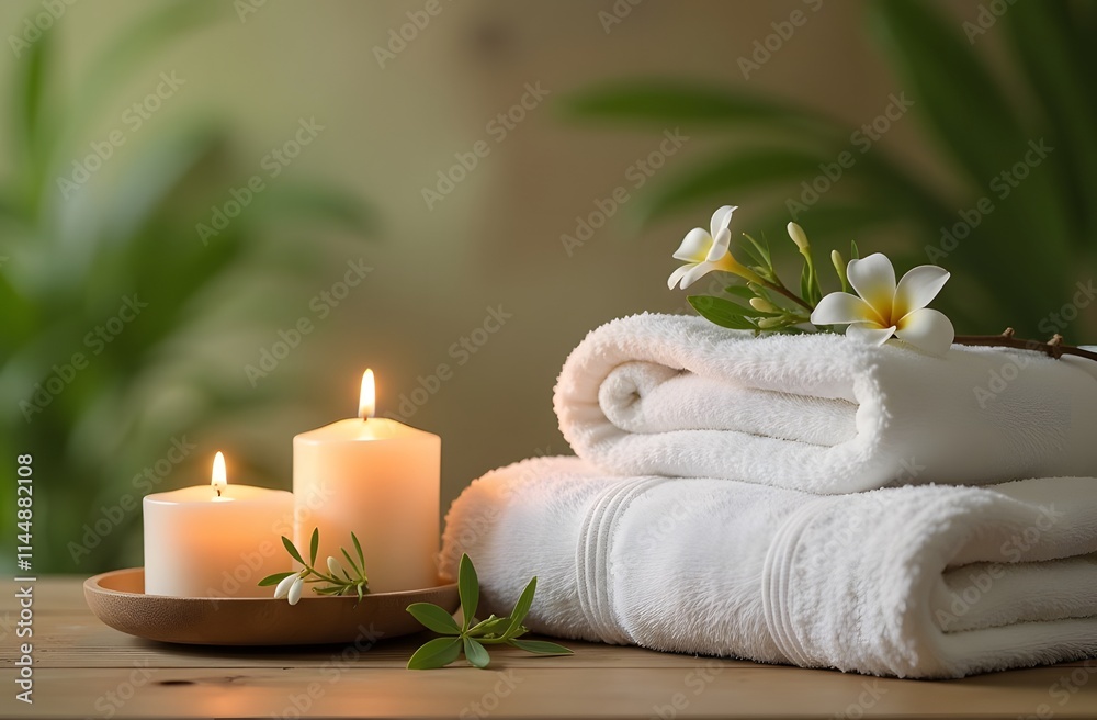 Rolled towels lie next to softly glowing candles in a cozy spa setting Rolled towels lie next to softly glowing candles in a cozy spa setting