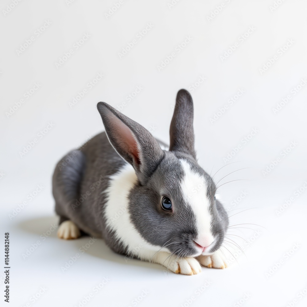 Soft Gray and White Rabbit Resting Peacefully on Clean Surface Soft Gray and White Rabbit Resting Peacefully on Clean Surface