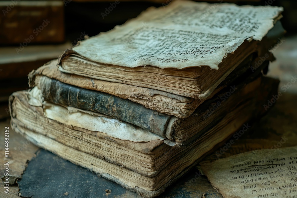 Ancient, weathered books stacked; aged pages, faded script. Ancient, weathered books stacked; aged pages, faded script.