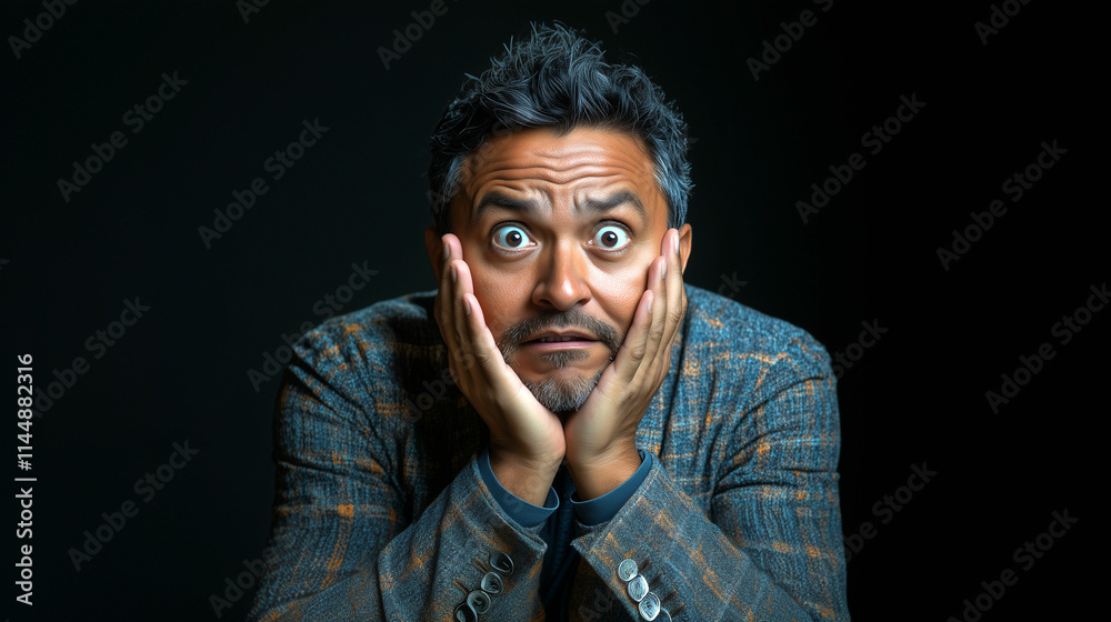 Fototapeta premium Individual with surprised expression showing disbelief against dark background during a studio session