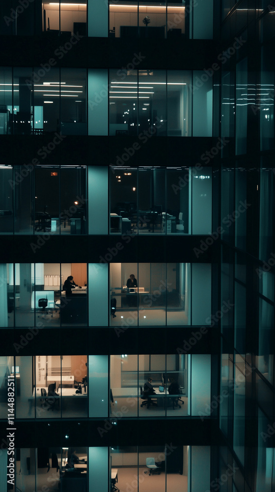 Offices illuminated at night showcasing workers engaged in various tasks Offices illuminated at night showcasing workers engaged in various tasks