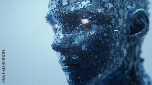 Futuristic Robot Face Composed of Metallic Digital Blocks