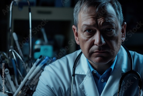 portrait of doctor with medical instruments and stethoscope with copy space