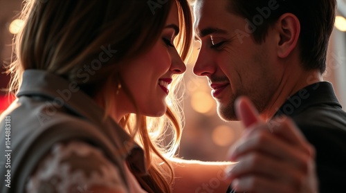 Romantic couple dancing closely with smiles in warm, intimate atmosphere