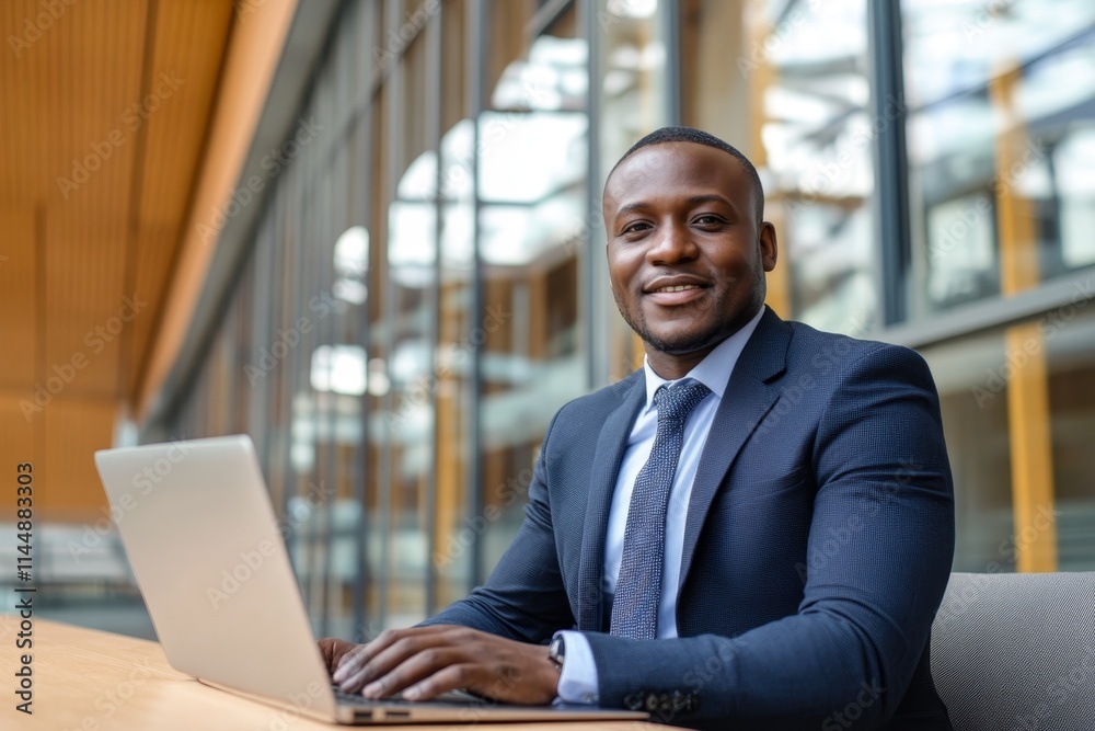 Professional man working on laptop in modern office environment during daytime Professional man working on laptop in modern office environment during daytime