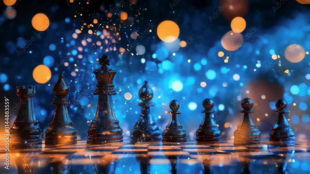 Black chess pieces stand on a board with a blue bokeh background, creating a dramatic and strategic atmosphere. Perfect for game, competition, and strategy content.. AI Generation
