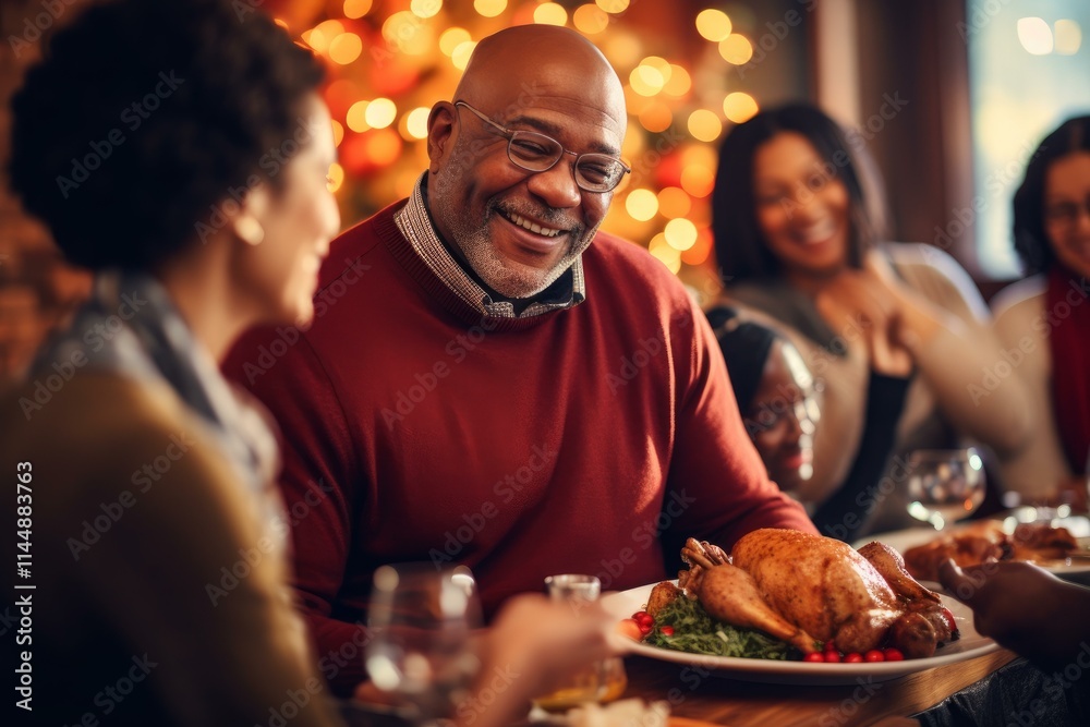 Senior man smiling and enjoying christmas dinner with his family Senior man smiling and enjoying christmas dinner with his family