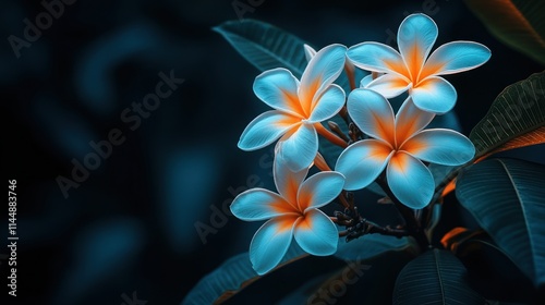 Vibrant plumeria flowers in deep dark background.