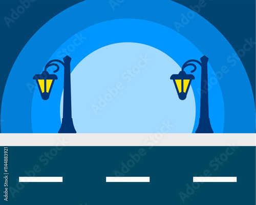 Illustration of serene nighttime setting with dark blue tones, featuring elegant street lamps glowing softly against a gradient background