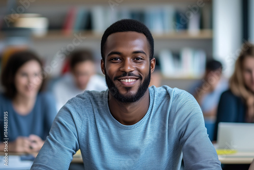 Smiling Man in Casual Attire at Work or Study Group Setting