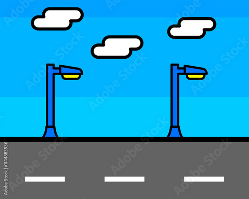 Illustration of bright blue scene featuring blue street lamps and white clouds against a vivid blue sky, set above a gray road