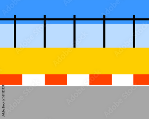 Illustration of colorful abstract design with a yellow band and red accents, featuring a blue sky and a stylized road below