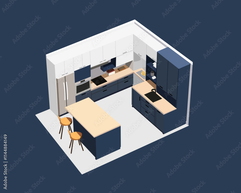 Illustration of isometric A modern kitchen featuring navy blue and white cabinetry, a wooden countertop island, and stainless steel appliances in a sleek design Illustration of isometric A modern kitchen featuring navy blue and white cabinetry, a wooden countertop island, and stainless steel appliances in a sleek design