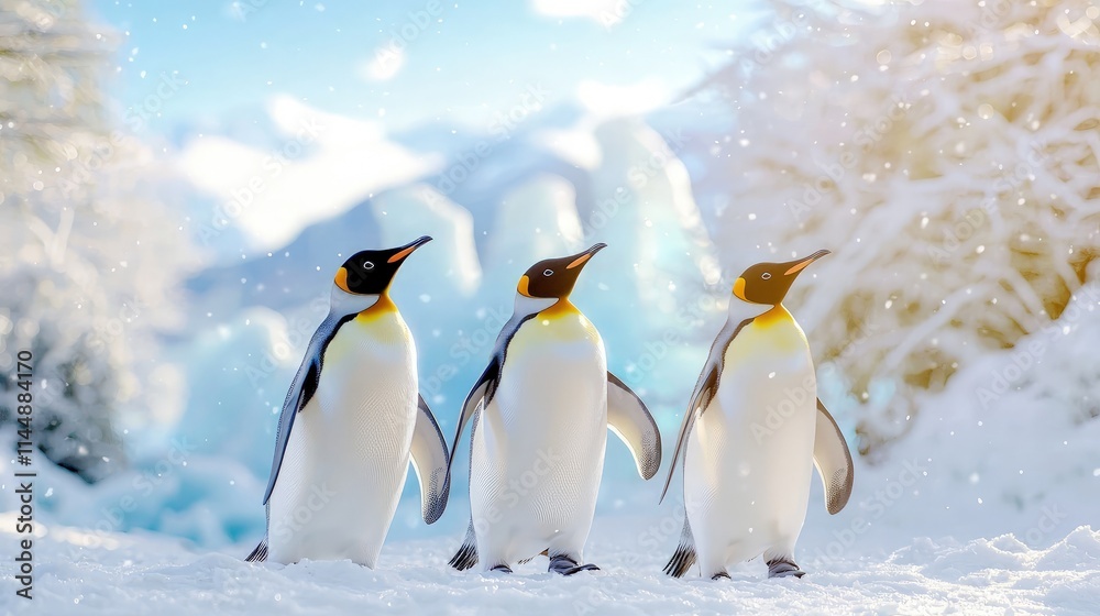 Fototapeta premium Three cute penguins walking together through a snowy winter landscape during a gentle snowfall.
