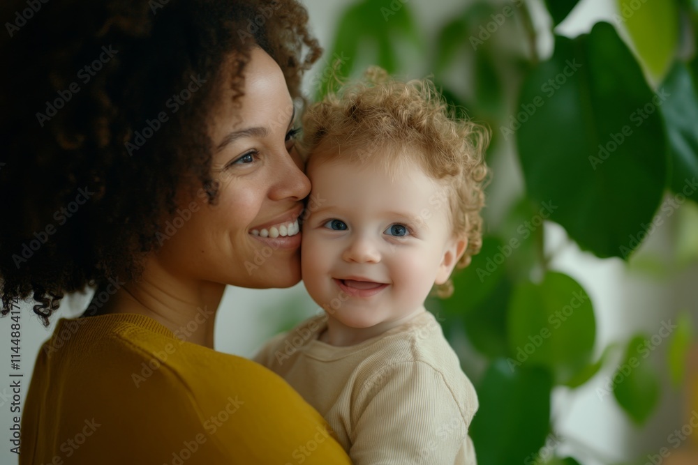 Mother and child share a joyful moment surrounded by lush green plants indoors Mother and child share a joyful moment surrounded by lush green plants indoors