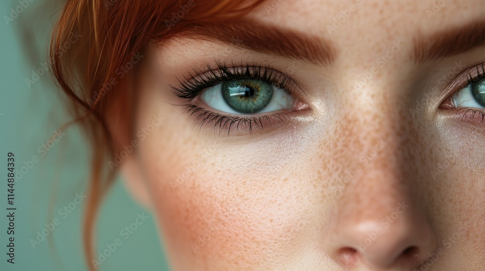 Close-up of a woman's face with freckles and green eyes. Close-up of a woman's face with freckles and green eyes.