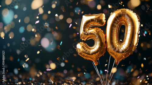 Golden 50th Anniversary Celebration With Balloons and Confetti