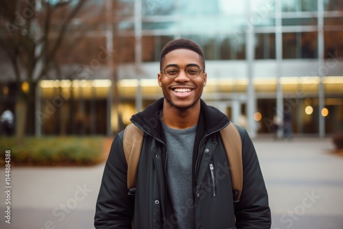 Portrait of a happy african american college student smiling outside university building