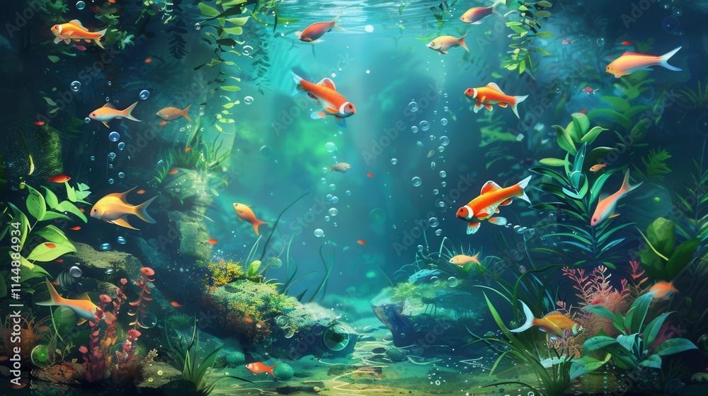 Fototapeta premium Vibrant underwater world filled with colorful aquarium fish swimming among lush plants and bubbles. Generative AI