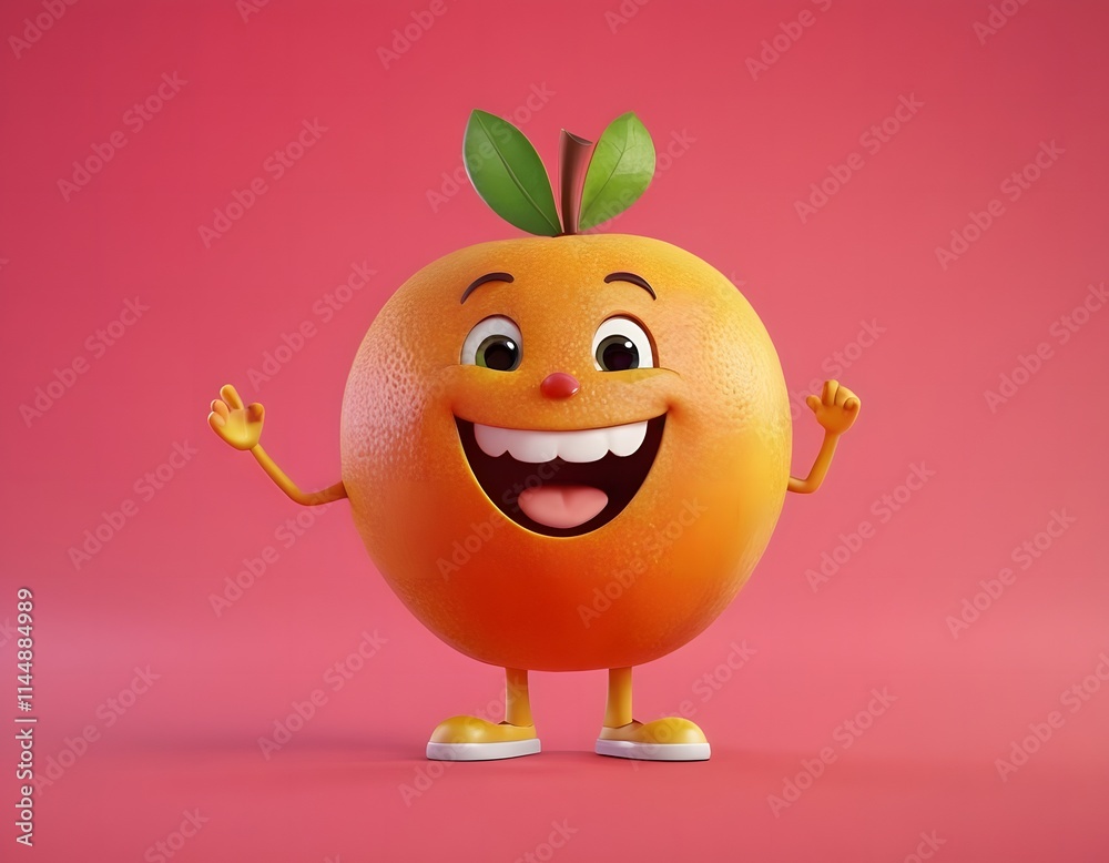Cute 3d happy face orange cartoon character fruit with a smile in cheerful mood isolated on pink background Cute 3d happy face orange cartoon character fruit with a smile in cheerful mood isolated on pink background
