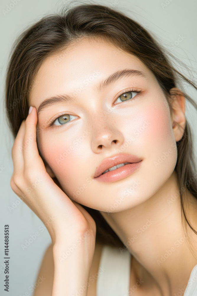 Obraz premium Young caucasian female with natural makeup and soft expression