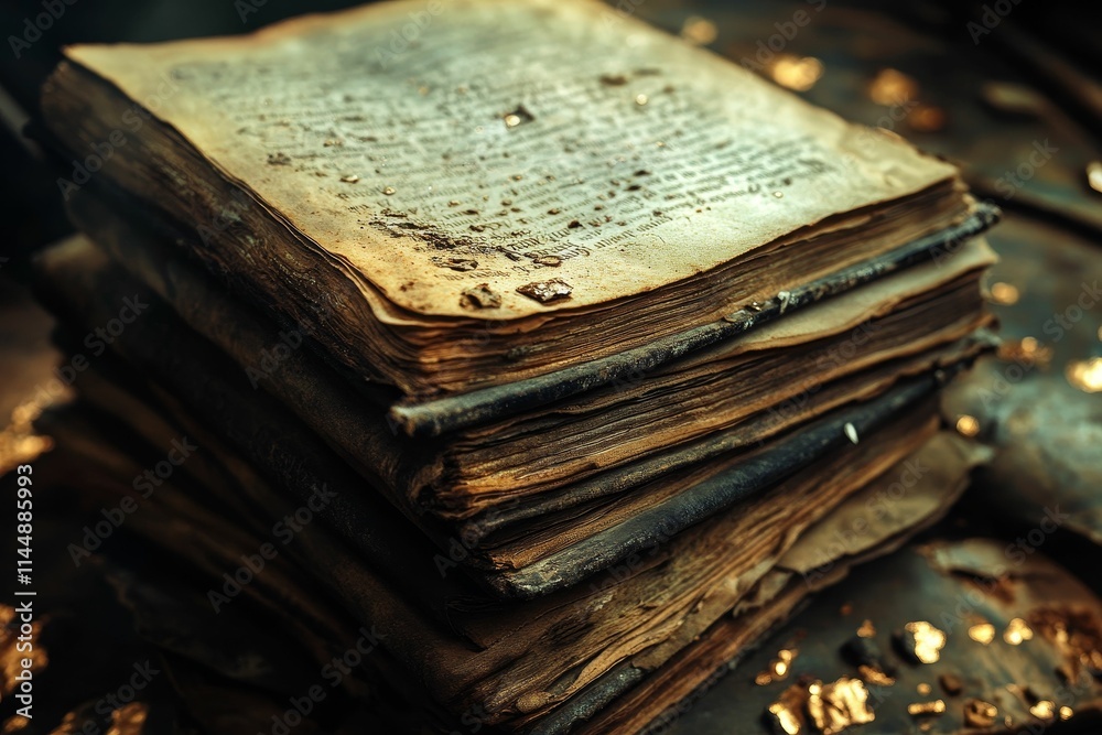 Aged books stacked, pages worn, gold flecks scattered.