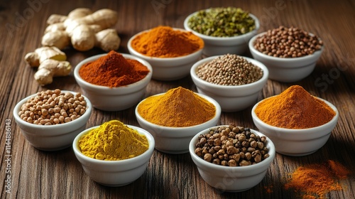 glowing assortment of immunity-boosting spices like turmeric and ginger displayed in small bowls on wooden table