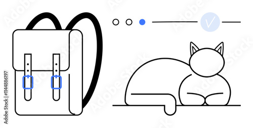 Backpack with double straps and buckles beside a relaxed cat drawing. Three progress dots, the middle one highlighted. Ideal for productivity, planning, travel, relaxation, minimalism, organization