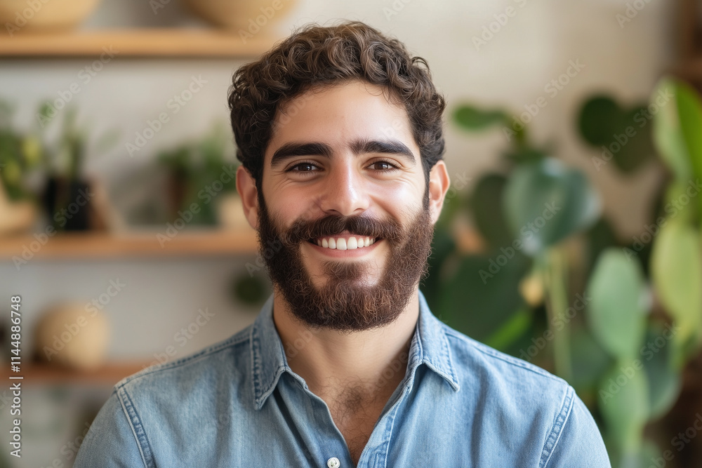 Cheerful Man Smiling Indoors with a Casual Style and Beard Cheerful Man Smiling Indoors with a Casual Style and Beard